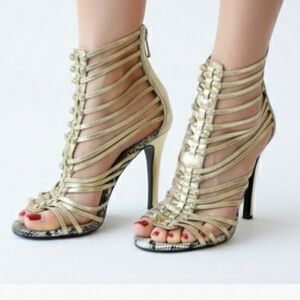Bebe Gold and Black Strappy High Heels Sz 7.5